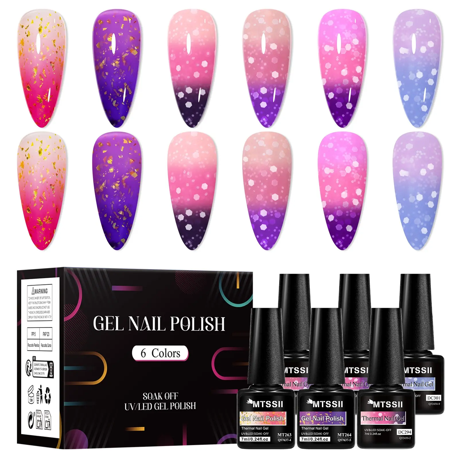 MTSSII 6pcs Thermal Gel Nail Polish Set, Gel Nail Polish With Uv Light, Macaron Raspberry Temperature Color Changing Gel Polish UV/LED, Soak Off UV LED Nail Manicure for Home Salon DIY Nail Art Design