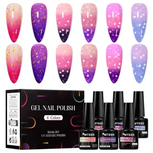 MTSSII 6pcs Snowflake Thermal Gel Based Gel Nail Polish Set, Macaron Raspberry Temperature Color Changing Gel Polish Color Gradient UV/LED Semi Permanent Gel, Soak Off UV LED Nail Manicure for Home Salon DIY Nail Art Design