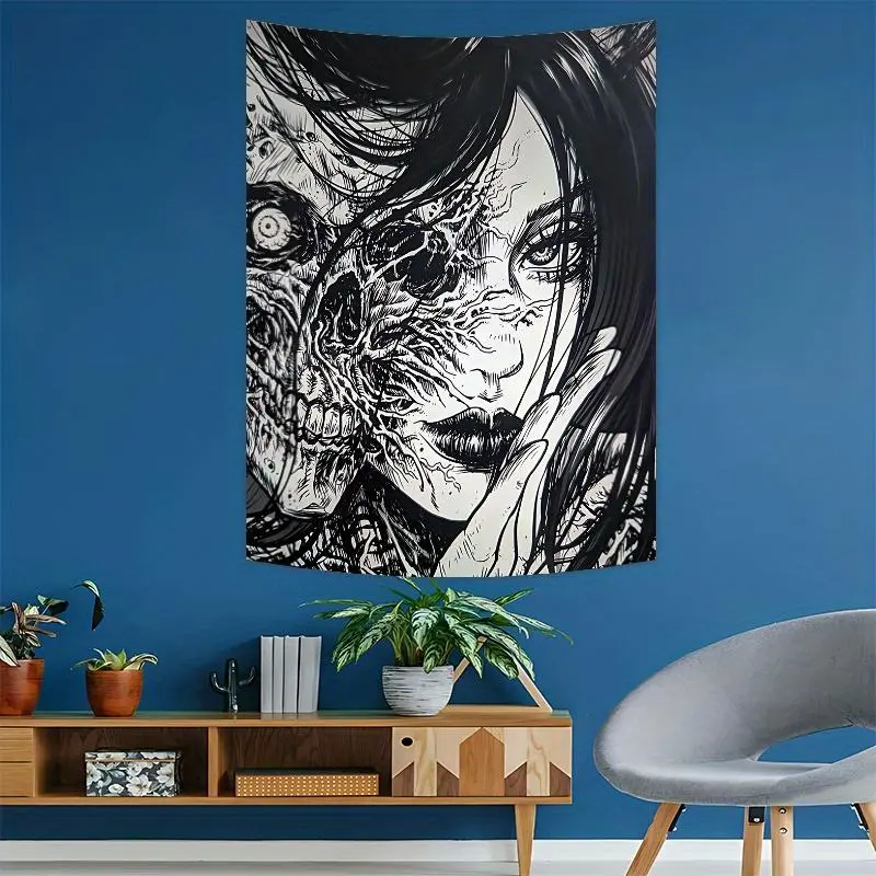 Gothic Style Skull and Face Art Tapestry - Vibrant Polyester Fiber Wall Decor with Perfect Gift for Friends and Family, Ideal for Living Room, Bedroom, and Dorm Decor Gift for Men Decoration, Gothic Decor, Alternative Gothic Tapestries
