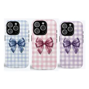 Pink Blue Gingham Bow Phone Case Soft Feminine Ribbon Glossy Phone Case For IPhone 17-11, Pro Max, Pro Plus, and Samsung S26-23 Safety Two-In-One Case