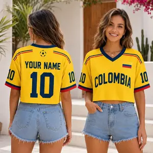 Custom Colombia-Inspired Crop Top Mesh Jersey, Personalized Women Yellow Sports Shirt, Retro Tricolor Game Day Fan Top