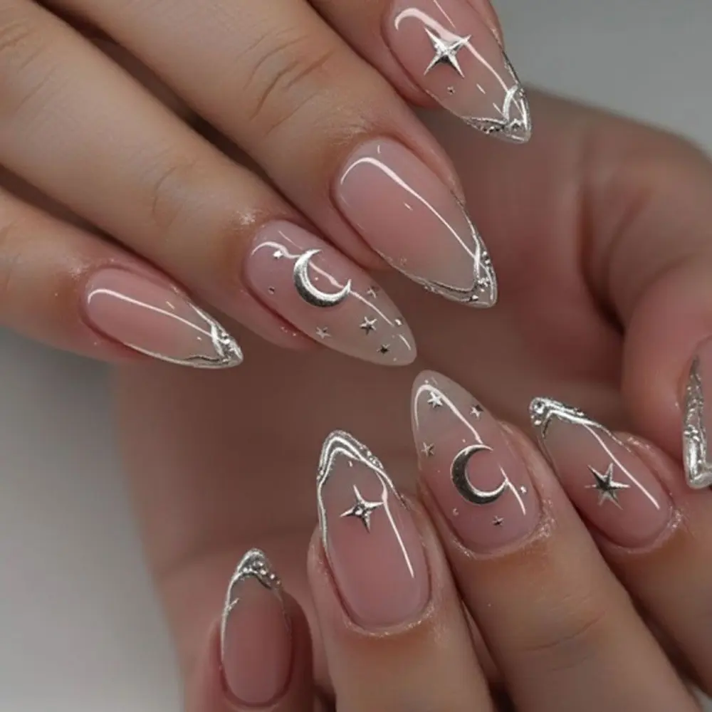 24pcs 3D Silver Color Star Moon Fake Nail Tips, Nail Art Design, Detachable Half Handmade Nails, Includes Nail File Jelly Glue, Easy Wear False Nails, Nail Art Diy
