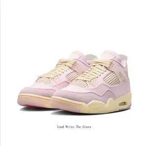 Sakura Pink & Cream Yellow Color Block Suede & Mesh Mid-Top Sneakers, Retro Air Cushion Shock-Absorbing Wear-Resistant Casual Basketball Shoes