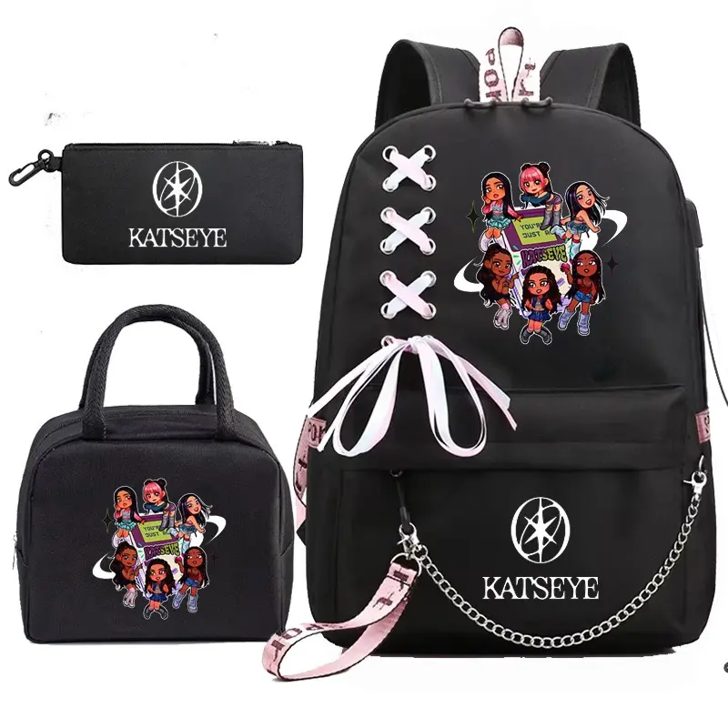 new2026 KATSEYE Unisex 3-Piece Chic School Backpack Set, Black Collage Design - Idol Backpack, Pencil Case, Insulated Lunch Bag, Functional for Students, Daily Use, Organized, Casual, Back To School Haul