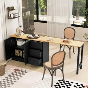 89.7'' Wood Buffet Sideboard with Extendable Table, Multifunctional Storage Cabinet with 2 Doors and 3 Drawers for Living Room,Study,Foyer and Kitchen Black + Natural