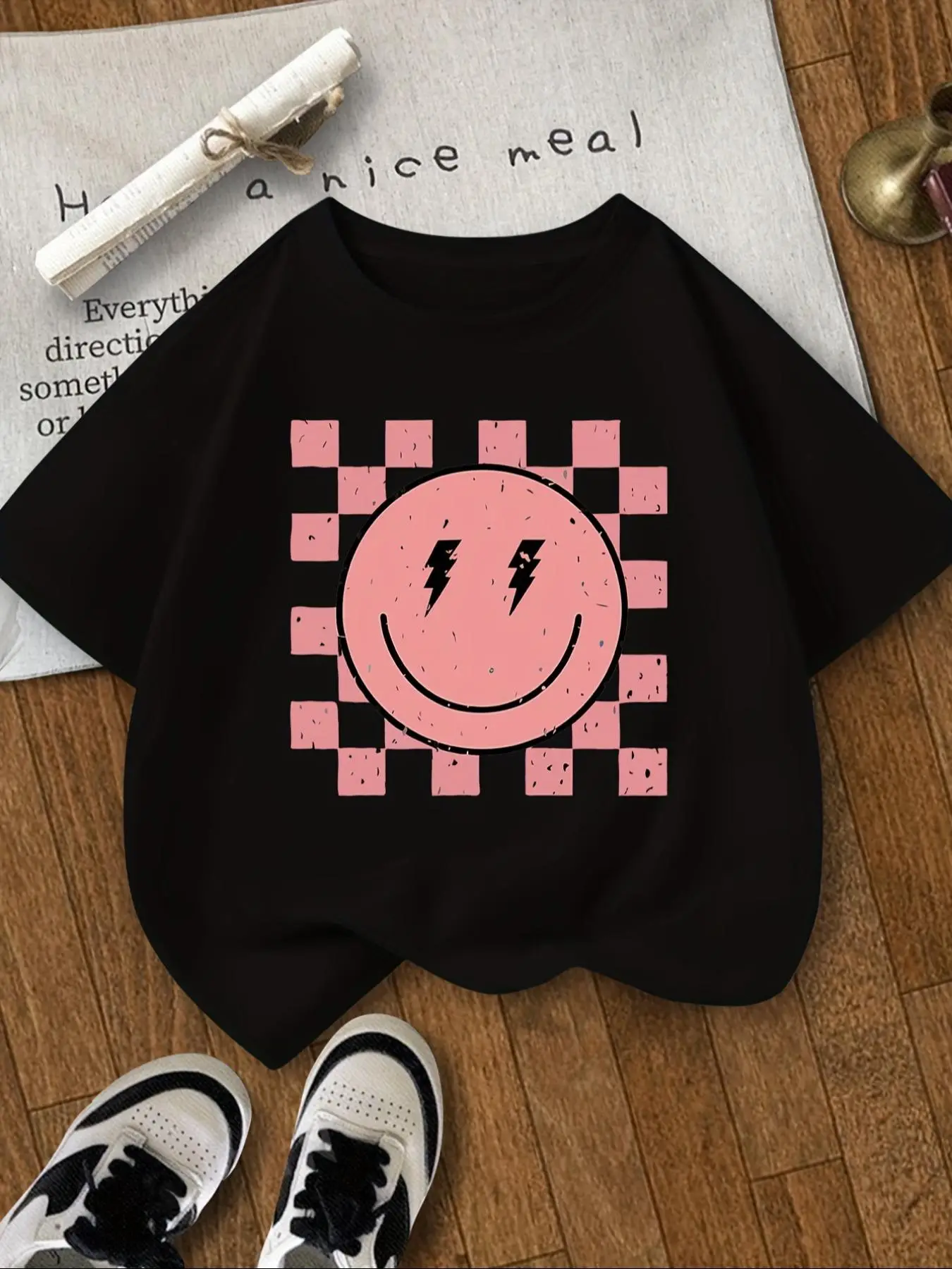 Girl's Smile Face Print Round Neck Tee, Fashion Casual Short Sleeve T-shirt for Daily Wear, Kids Clothing for Summer, Top