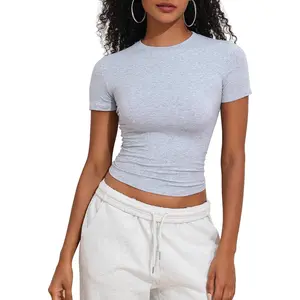 Women's Basic Short Sleeve Cotton Shirts Slim Fit Crewneck Summer Trendy Y2k Baby Tee Crop Tops