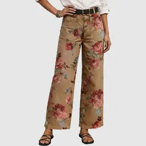 Flamingals Floral Print Patch Pocket High Rise Straight Leg Pants Without Belt Womenswear