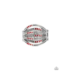 Securing My Finances - Red Rhinestone Silver Raised Band Ring - Paparazzi