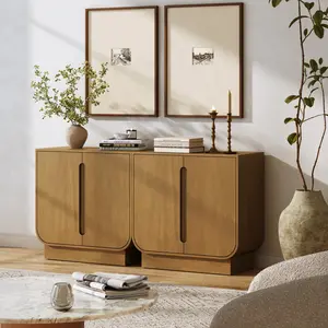 Wooden Arched Accent Cabinet or Kitchen Credenza Light Brown (Set of 2)