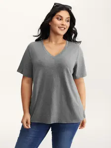 BLOOMCHIC Women's Plus-Size Minimalist Basic Cotton-Spandex Stretchy Fabric Short-Sleeve V-Neck Regular-Fit Casual Tops, Women's Clothes for 2026 Summer (Indigo, Pure Black, M-6X) - Plus Size Fashion T-Shirt,Summer wins,Deals for you days