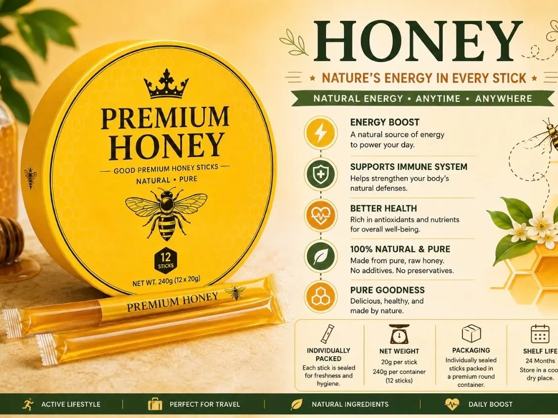 Premium Boost Honey With Bee Pollen And Royal Jelly, Pure Natural Honey Blend, 12 Sachets x 20g, Rich And Smooth Tasta