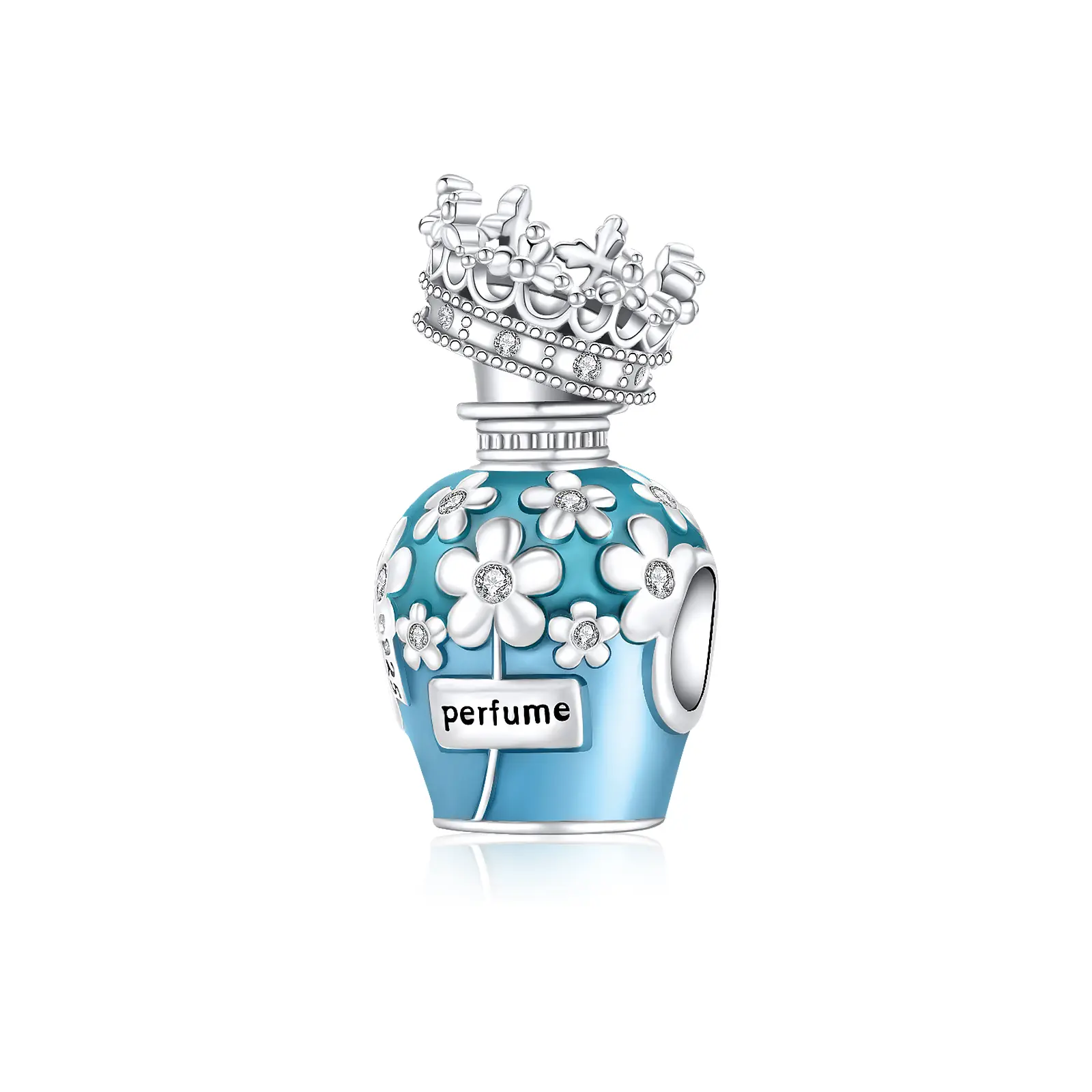 925 Sterling Silver Floral Crown Perfume Bottle Charm for Women's Fashion, Blue Enamel Body, Set-in Details, Engraved "Perfume" Label, Regal Everyday Jewelry for Bracelets-Necklaces, Women's Gift, Engraved Label