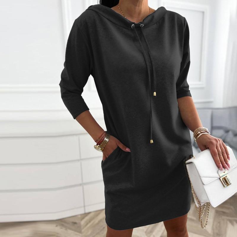 CHICME Women's Stand Collar Drawstring Three Quarters Sleeve Casual Sweatshirt Dress