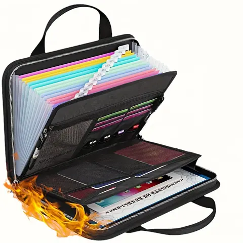 Fireproof Accordion File Document Organizer with Handle - 13 Pockets, 12 Transparent Dividers, 14.2"x10.4"x1.97" Zippered Folder with Labels, Letter/A4 Holder, 2 Pen Slots, 4 Passport-Sized Mesh Pockets, 4 USB Slots, Home Office Accessories Storage Supply