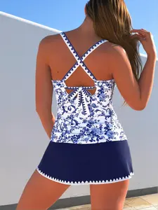 Women's Blue Floral Print Tankini Swim Dress - 2-Piece Tummy Control Swimsuits for Women, Skirted Bottom Bathing Suit for Beach, Pool, Women's Swimsuits