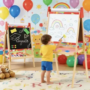 3-in-1 Adjustable Kids Art Easel with Paper Roll - Double-Sided Magnetic Whiteboard & Chalkboard, Height Adjustable Wooden Drawing Station for Ages 3-12, Gift for Boys & Girls