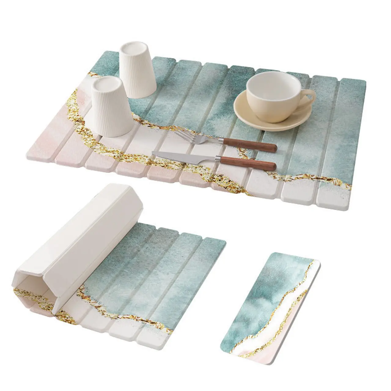 Marble Pattern Silica Gel Foldable Mat, Instant Drying Water Absorbent Kitchen Countertop Pad, Multiple Styles Available