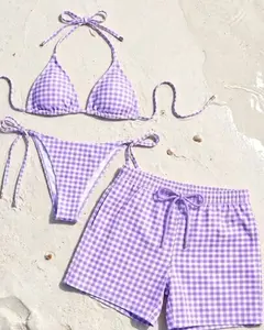 [MATCHING SWIMWEAR SET - SUPER HOT] A checkered swimsuit set, purple striped bikini and swim bottoms, a memorable gift for your vacation.