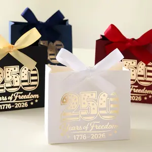 20 Elegant Mini Independence Day Gift Boxes, 250 Years of Freedom Design, Paper Candy Bags with Ribbon, Perfect for Gifts and Packaging