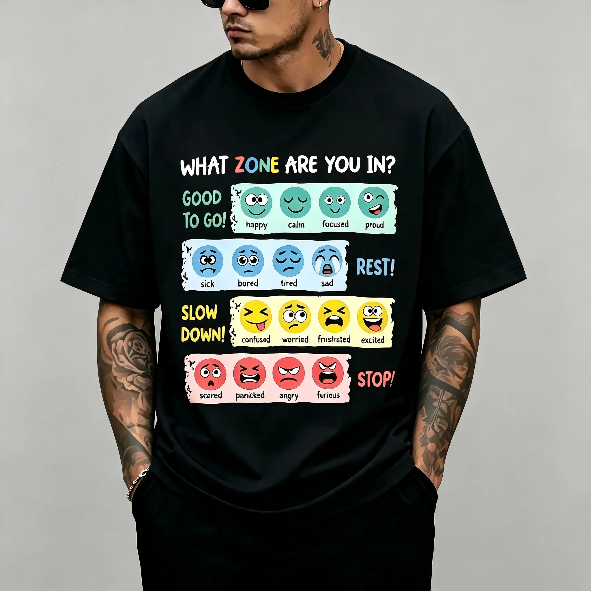 "What Zone Are You In" Teacher T-Shirt for Men & Women - Mood Zones Emotions Graphic, Soft Cotton Crew Neck Short Sleeve, All-Season Summer Spring Casual, Great for Daily Wear & Counselor Style, Machine Washable