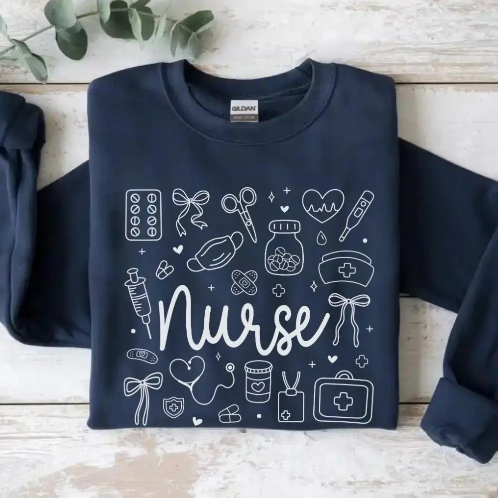 Minimalist Doodle Nurse Sweatshirt, Medical Crewneck Sweater, Cute Registered Nurse Graphic Pullover, Nursing School Student Graduation Gift, Aesthetic Healthcare Worker Jumper, Future RN Life Apparel, Cozy Nurse Appreciation Present for Women