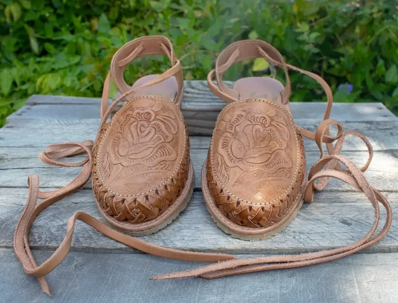 Womens LEATHER Tan closed toe lace up Rose stamped huarache MEXICAN SANDALS