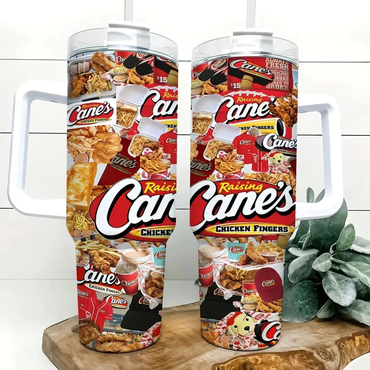 Raising Cane’s Inspired 40oz Insulated Tumbler with Handle and Straw Chicken Fingers Fast Food Collage Red Logo Stainless Steel Water Bottle Travel Mug Birthday Gift for Fast Food Fans