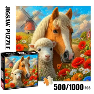 1pc 1000 piece adult puzzle 58x58cm Horse, Lamb and Windmill in Flower - Filled Field 500 pieces of paper puzzle, suitable for adults and families, large-scale DIY puzzle interactive toy games,