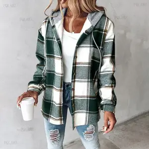 2025Women's Plaid Pattern Long Sleeve Shacket Button Down Fleece Lined Hooded Jackets Warm Coat Casual Womenswear Comfort Outdoor Soft Winter Tops Plus Size Plaid Button-Up Shirt Outerwear Everyday green hoodie girl Tweed Blazer Comfortable Pie