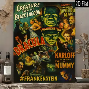 1 Piece Retro 70s/80s Horror Movie Poster - Frankenstein, Dracula, Karloff, The Mummy, The Invisible Man - Frameless Canvas Print - Dracula, Frankenstein, The Mummy - Vibrant Colors - Easy to Hang with Adhesive - Retro Horror Movie Decoration - Vampire, M