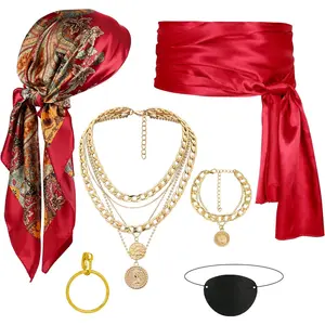 Men Pirate Costume Accessories Set for Women: Pirate Hat, Head Scarf, Sash, Belt, Dress Accessories Red