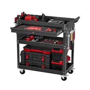 VEVOR 4-Tier Tool Cart with Wheels, 350 lbs Load Capacity, Rolling Work Cart with Drawer & Pegboard, Mechanic Tool Storage Organizer with Locking System for Garage, Warehouse and Repair Shop, Black
