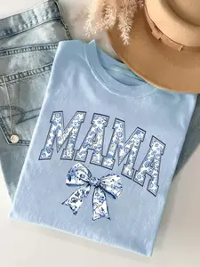 Mama Letter & Bow Print Round Neck Tee, Fashion Casual Crew Neck T-Shirt for Daily Holiday Vacation Outdoor Wear, Ladies Clothes for All Seasons, Top