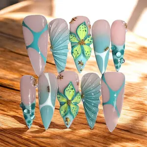 EG39- Bloom Press-On Nails, Mint Blue Gradient with 3D Floral & Seashell Detail, Ocean Bubble Effect, Mermaid core Luxury Handmade Summer Nail Set, Handmade Nails, Gift for Her, Custom Nail