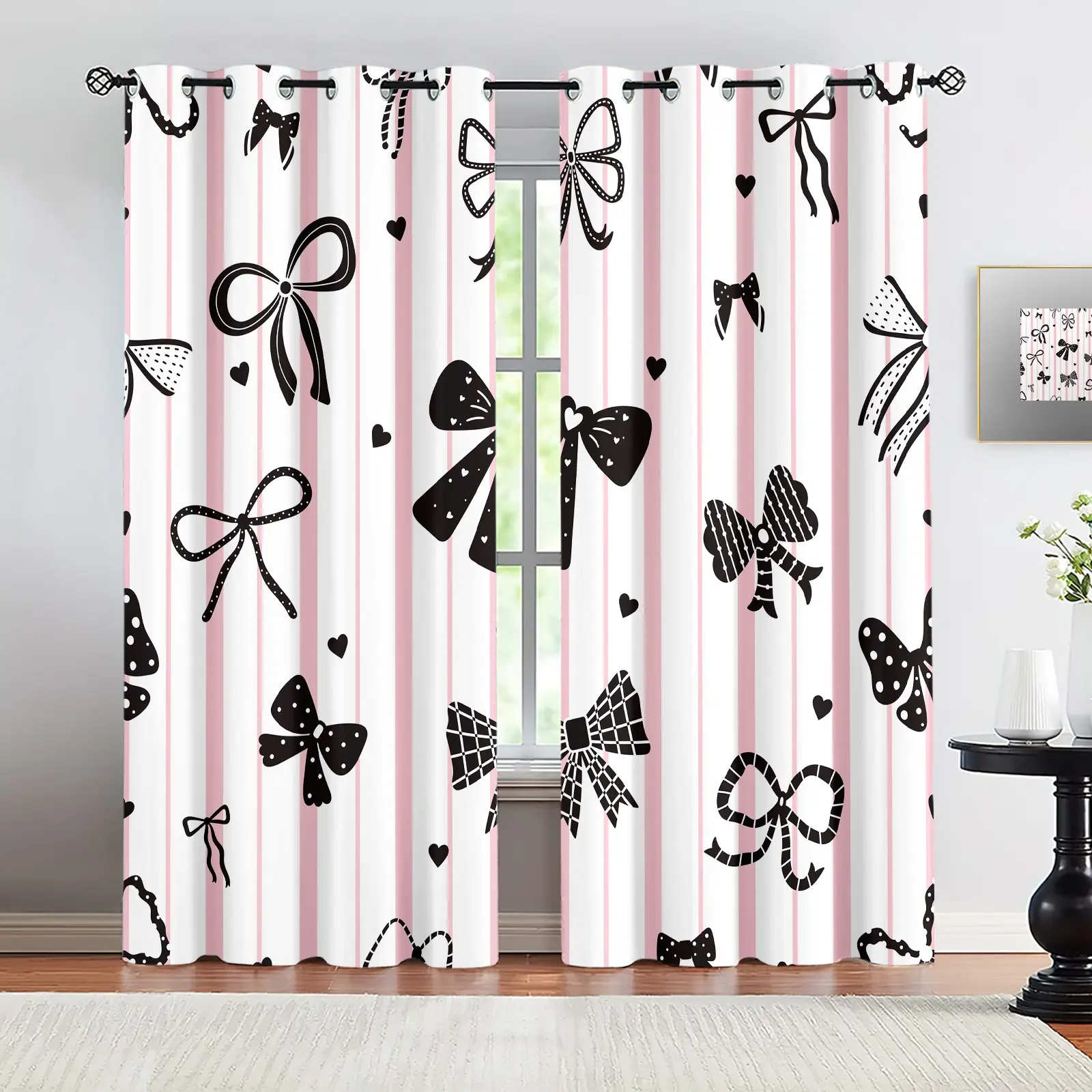 Pink Striped Bow Curtains, Coquette Black Bow Print Curtains for Living Room, Preppy Heart Accent Window Curtains, Lightweight Decorative Drapes for Bedroom, Dorm & Girly Room, Perfect Gift for Teen Girls