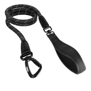 PetBonus Rope Dog Leash, 5 FT Heavy Duty Pet Nylon Leash with Auto Locking Aviation Aluminum Carabiner, Comfortable Padded Handle, Reflective Walking Training Lead for Medium Large Breeds