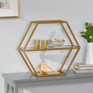 Hexagonal Shelf This floating shelf is 19.50 "W x 5.50" D x 17.00 "and can be placed on the living room dining table to showcase display racks suitable for all decoration styles Glass Decorative Metallic