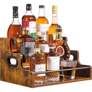 3-Tier Liquor Bottle Display Shelf - Holds up to 12 Bottles, Rustic Wood Bar Shelves for The Home Bar, Countertop Whiskey and Bourbon Organizer with Anti-Slip Pads