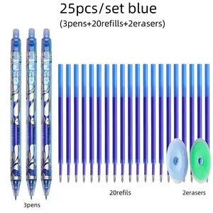 25Pcs retractable gel pen sets, 0.5mm erasable pens in 6 colors, washable handles, large capacity office writing stationery (3 pens+20 refills+2 erasers)