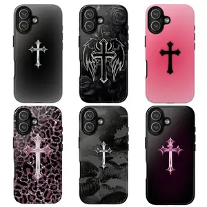 Y2k Gothic Chrome Cross Black And Pink Aesthetic Art Heavy Duty Tough Phone Case Shockproof Drop Protection Durable Hard Cover Trendy Gift for iPhone 11 12 13 14 15 16 17 Pro Max Plus