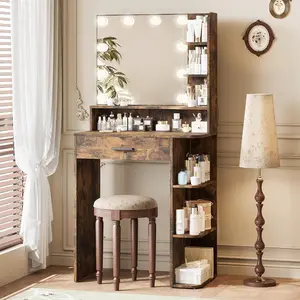 Makeup Vanity Desk with Mirror and Lights, 26.4”Small Vanity Mirror with Lights with Large Drawer and 6 Level Storage, White Vanity with Large Led Mirror with 3 Color Lighting Modes (Brown)