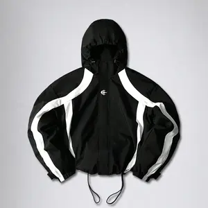Men’s outdoor hooded jacket featuring a niche design and mountain-inspired logo, color-block construction, lightweight for spring/autumn, loose casual fit, windproof workwear zip-up shell jacket Fabric Menswear Cap Coats Elastic Fashion Hem Minimalist