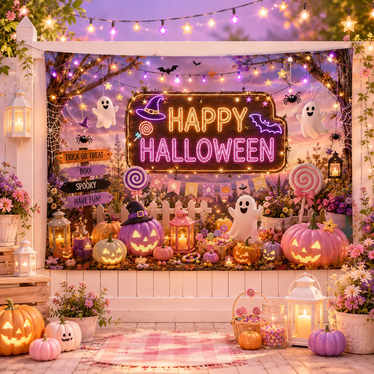 Pink Purple Halloween Sunset Artwork Backdrop - Colorful Floral Pumpkin Ghost Party Photo Background Props, Party Theme