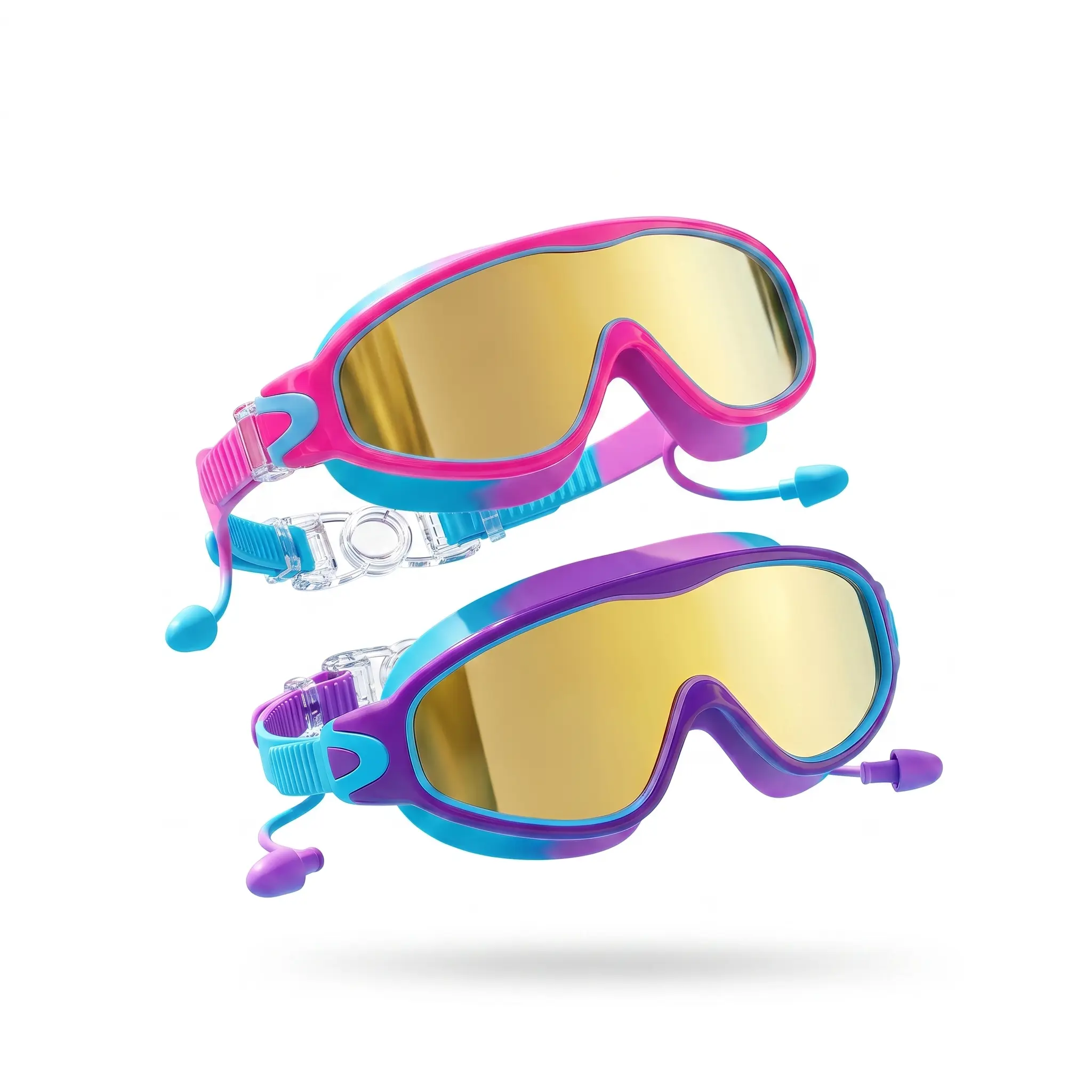 Kids Swim Goggles 2-Pack  for Boys & Girls Ages 3-16, Silicone Frame Swimming Glasses with No-Leak Seal, Quick-Release No-Pull Strap, Integrated Anti-Lost Earplugs for Summer Pool Use anti-fog uv anti-uv wide view adjustable waterproof water outdoor