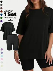 JXGOGO 2026 Summer Women's Two-Piece Athleisure Set, Comfortable Solid Short Sleeve Top and Shorts, Casual Daily Wear and Sports