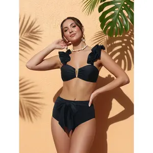 Women's Solid Black Bikini KA-P147-01 Two-Piece Design with Ruffle Trim High-Waisted Triangle Cut Fashionable Swimwear
