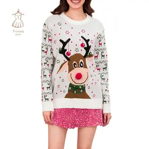 Women Cute Christmas Sweaters Casual Comfy Warm Elk Print Long Sleeve Pullover Basic Knitwear for Fall Streetwear