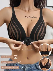 Women's Wireless Lace Bralette, Sexy Striped Design, Front Buckle Closure, Medium Support, Soft Breathable Bra, All Seasons Comfortable Underwear, Lace Brassiere Fit