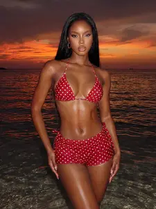 Vaytide Summer New Beach Vacation Party Afternoon Tea Polka Dot Print Micro Triangle Side Tie Ruched 3 PiecesWomen Swimsuit Set Red Birthday  Christmas Red Polka Dot Bikini Bathing Suit Search Bikini Polka Dot Bikini Polka Dot Bathing Suit